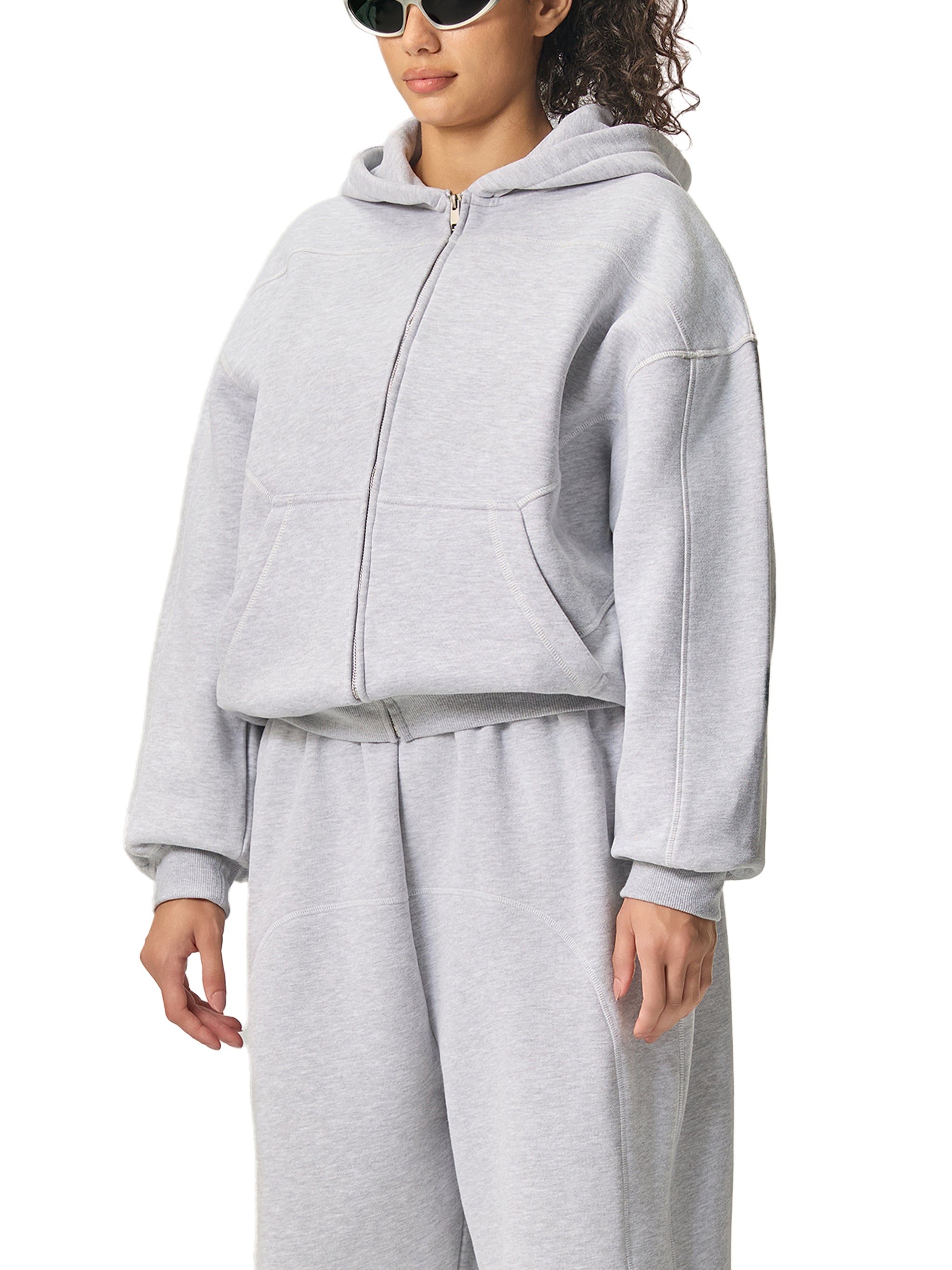 Contrast-Stitched Boxy Fleece Hoodie